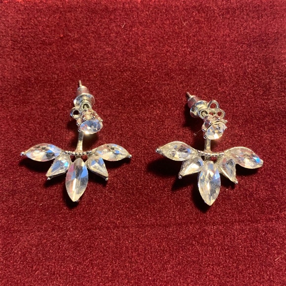 Crystal Jacket Earrings | Silver Tone Stud & Leaf Cluster Drop, Two-Piece Design - Picture 2 of 4